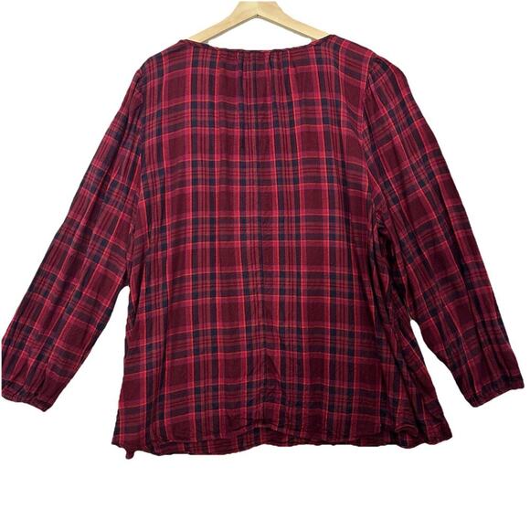 Lane Bryant Top Women 22 Red Plaid Long Sleeve Rayon Cottage Boho Peasant Preppy - Picture 6 of 11